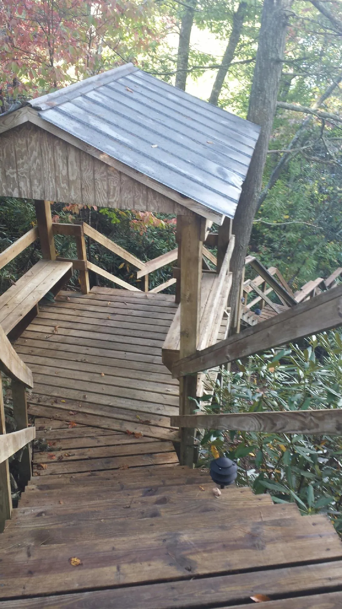 Metal roofed shelter over wooden steps on a wooded walkway — Skylight Repair & Installation work by our crew in Vickery